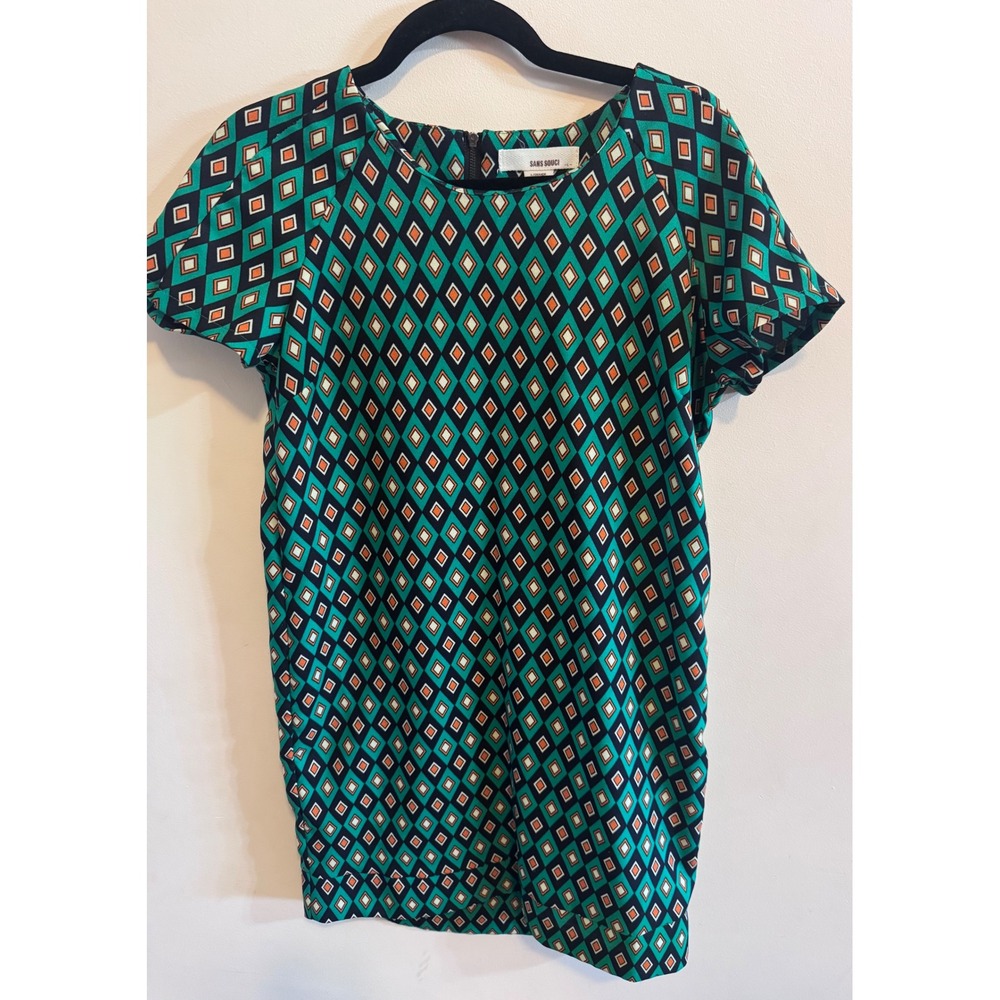 Sans Souci Green Geometric Diamond Print Shift Dress L Mod Retro Boho